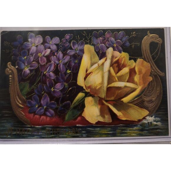 Lot Of Four Vintage Antique Embossed Postcards Flowers Birthday Boats - Picture 3 of 9